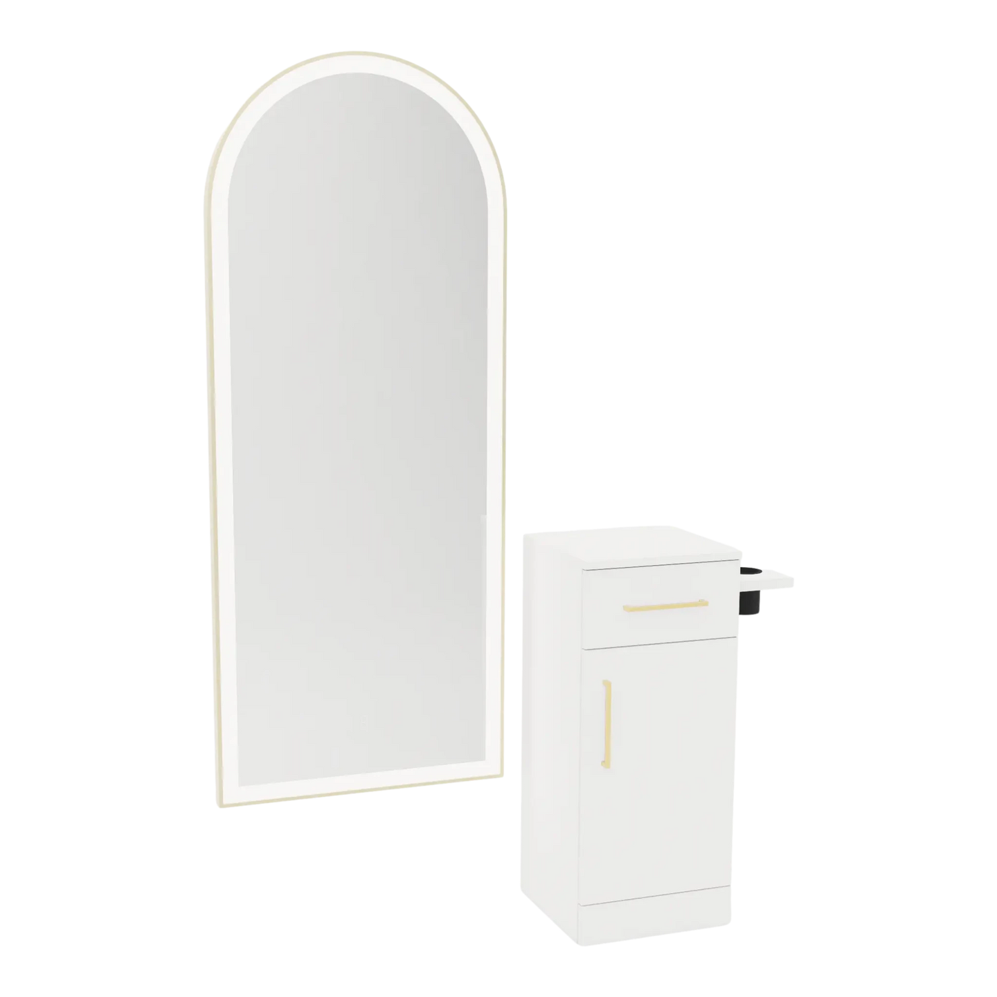 Nova Tower Free Standing Styling Station with Side-Mount Appliance Holder and Gold Full-Length Arch Paloma Mirror - Kaemark
