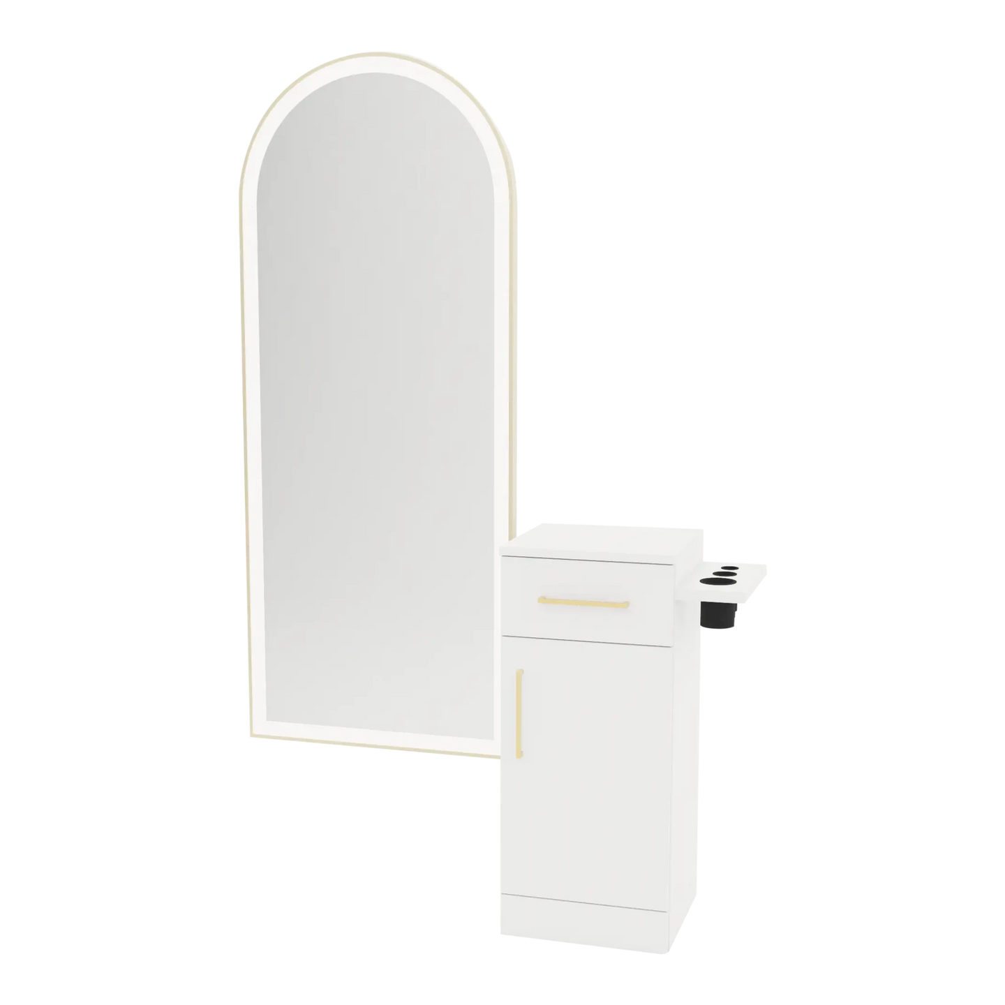 Nova Tower Free Standing Styling Station with Side-Mount Appliance Holder and Gold Full-Length Arch Paloma Mirror - Kaemark