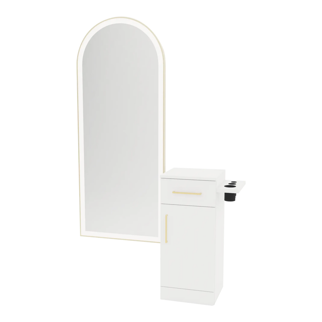 Nova Tower Free Standing Styling Station with Side-Mount Appliance Holder and Gold Full-Length Arch Paloma Mirror - Kaemark