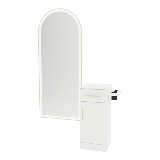 Nova Tower Free Standing Styling Station with Side-Mount Appliance Holder and Gold Full-Length Arch Paloma Mirror - Kaemark
