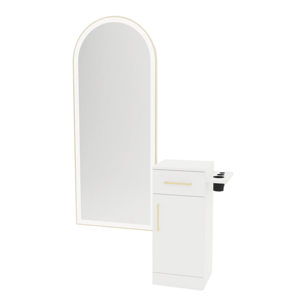 Nova Tower Free Standing Styling Station with Side-Mount Appliance Holder and Gold Full-Length Arch Paloma Mirror - Kaemark