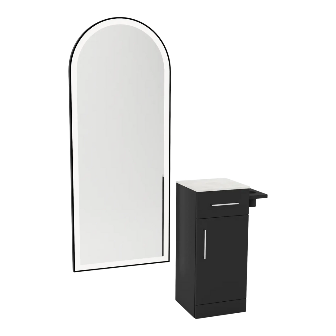 Nova Tower Free Standing Styling Station with Side-Mount Appliance Holder, Solid Surface Countertop, and Black Full-Length Arch Paloma Mirror - Kaemark