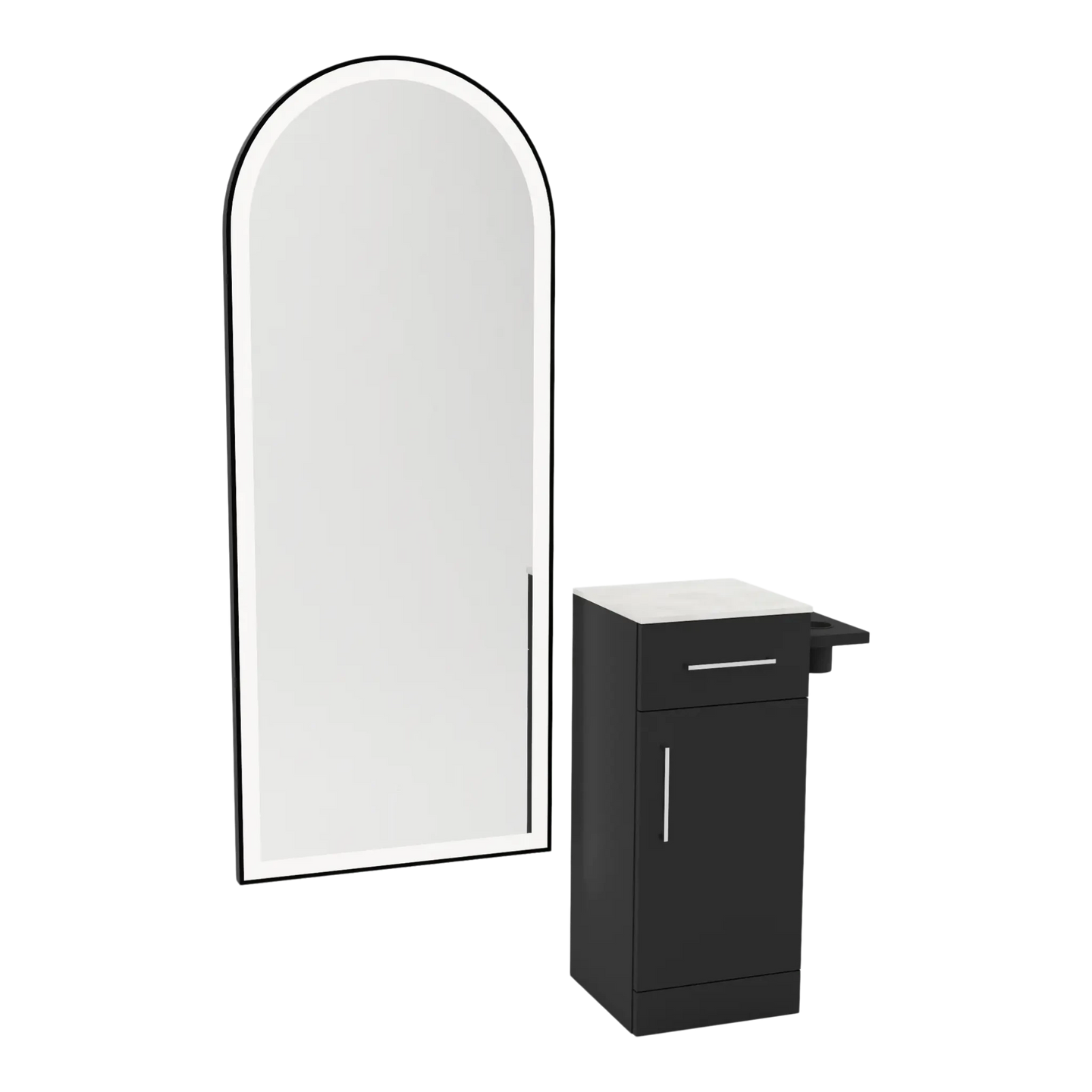 Nova Tower Free Standing Styling Station with Side-Mount Appliance Holder, Solid Surface Countertop, and Black Full-Length Arch Paloma Mirror - Kaemark