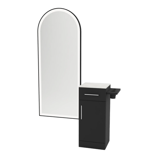 Nova Tower Free Standing Styling Station with Side-Mount Appliance Holder, Solid Surface Countertop, and Black Full-Length Arch Paloma Mirror - Kaemark