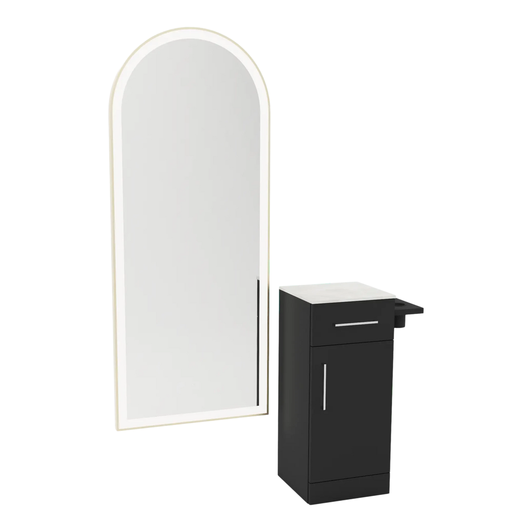Nova Tower Free Standing Styling Station with Side-Mount Appliance Holder, Solid Surface Countertop, and Gold Full-Length Arch Paloma Mirror - Kaemark