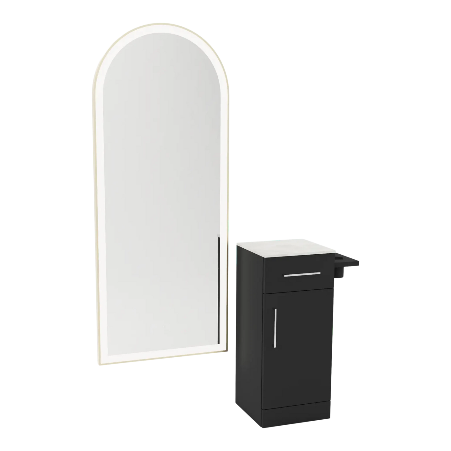 Nova Tower Free Standing Styling Station with Side-Mount Appliance Holder, Solid Surface Countertop, and Gold Full-Length Arch Paloma Mirror - Kaemark