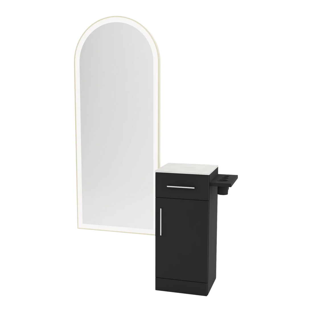 Nova Tower Free Standing Styling Station with Side-Mount Appliance Holder, Solid Surface Countertop, and Gold Full-Length Arch Paloma Mirror - Kaemark