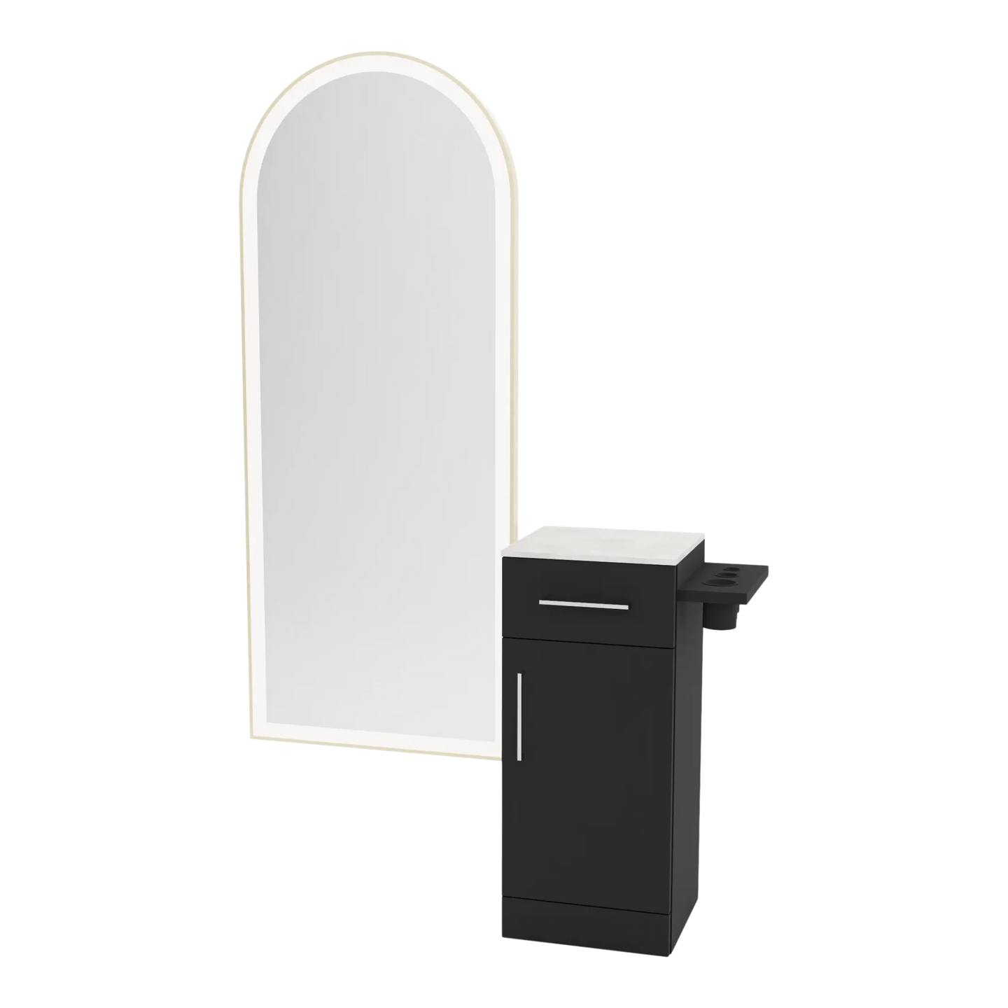 Nova Tower Free Standing Styling Station with Side-Mount Appliance Holder, Solid Surface Countertop, and Gold Full-Length Arch Paloma Mirror - Kaemark
