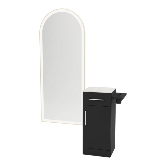 Nova Tower Free Standing Styling Station with Side-Mount Appliance Holder, Solid Surface Countertop, and Gold Full-Length Arch Paloma Mirror - Kaemark
