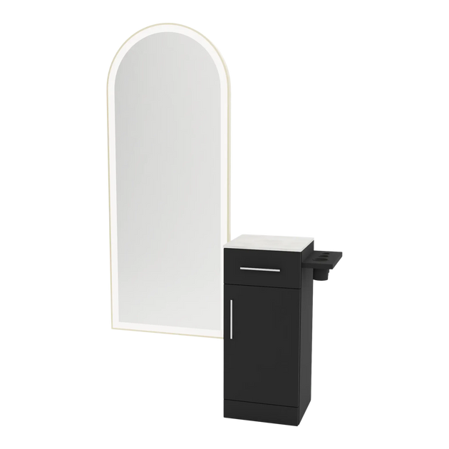 Nova Tower Free Standing Styling Station with Side-Mount Appliance Holder, Solid Surface Countertop, and Gold Full-Length Arch Paloma Mirror - Kaemark
