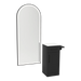 Nova Tower Free Standing Styling Station with Side-Mount Appliance Holder, Solid Surface Countertop, and Black Full-Length Arch Paloma Mirror - Kaemark