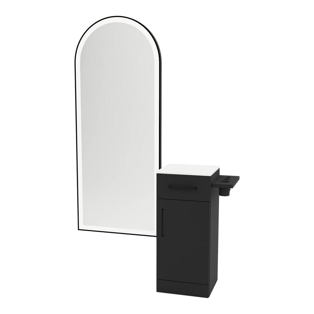 Nova Tower Free Standing Styling Station with Side-Mount Appliance Holder, Solid Surface Countertop, and Black Full-Length Arch Paloma Mirror - Kaemark