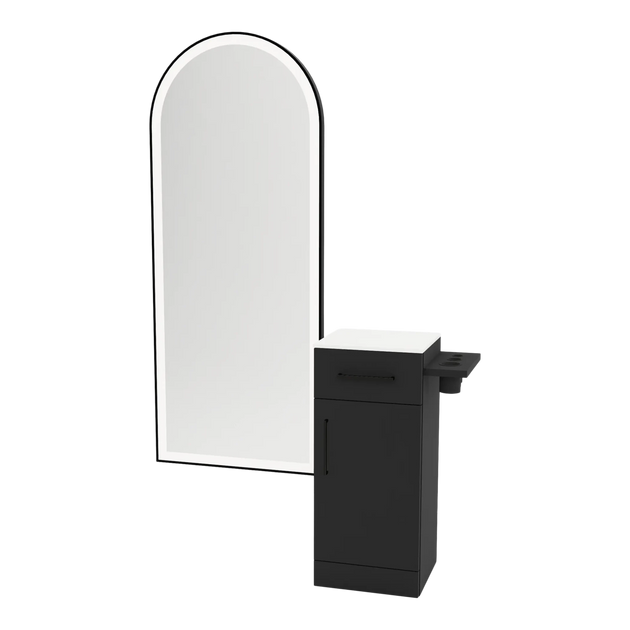 Nova Tower Free Standing Styling Station with Side-Mount Appliance Holder, Solid Surface Countertop, and Black Full-Length Arch Paloma Mirror - Kaemark