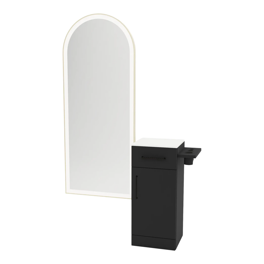 Nova Tower Free Standing Styling Station with Side-Mount Appliance Holder, Solid Surface Countertop, and Gold Full-Length Arch Paloma Mirror - Kaemark