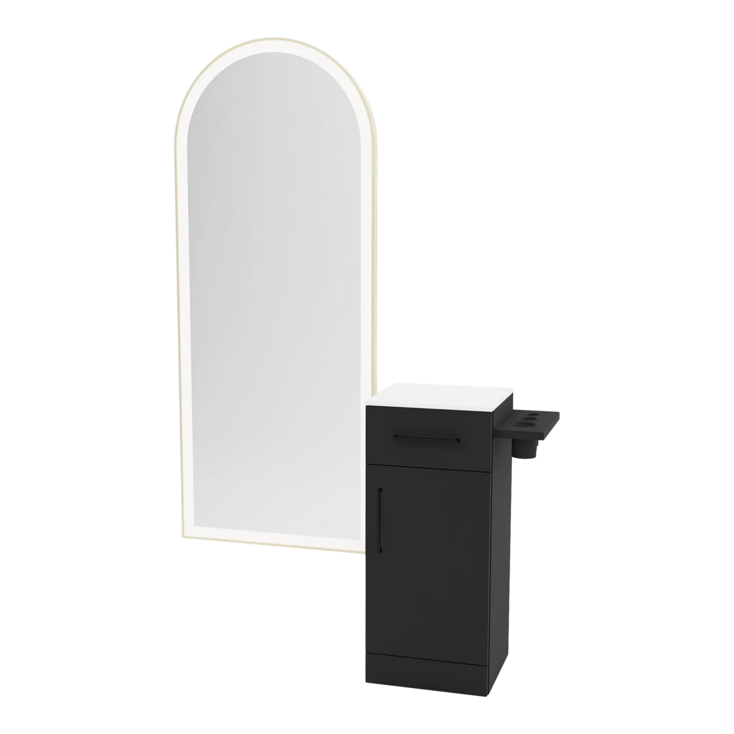 Nova Tower Free Standing Styling Station with Side-Mount Appliance Holder, Solid Surface Countertop, and Gold Full-Length Arch Paloma Mirror - Kaemark
