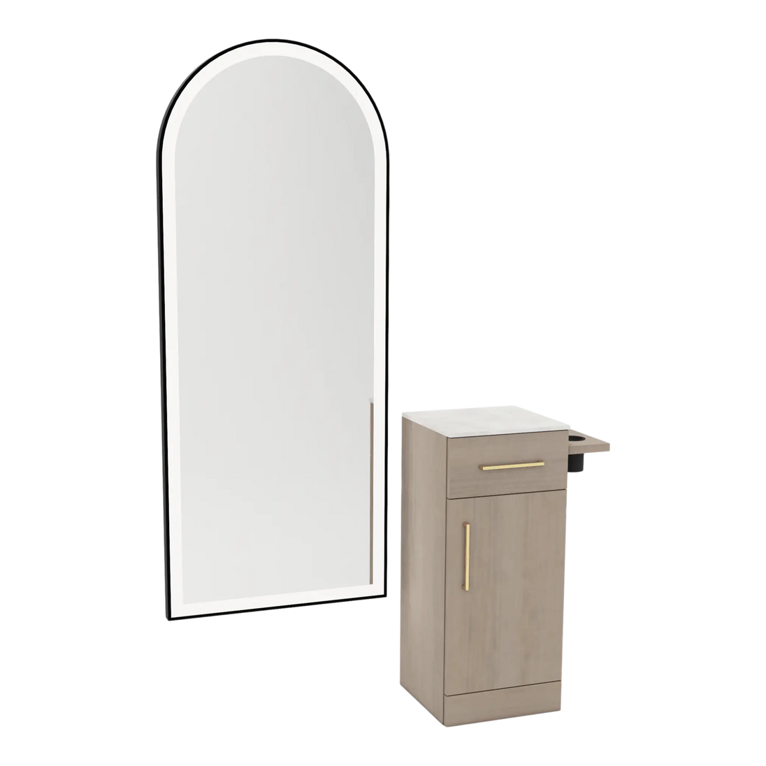 Nova Tower Free Standing Styling Station with Side-Mount Appliance Holder, Solid Surface Countertop, and Black Full-Length Arch Paloma Mirror - Kaemark