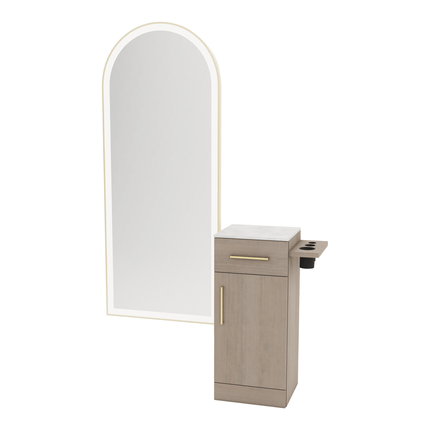 Nova Tower Free Standing Styling Station with Side-Mount Appliance Holder, Solid Surface Countertop, and Gold Full-Length Arch Paloma Mirror - Kaemark