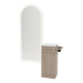 Nova Tower Free Standing Styling Station with Side-Mount Appliance Holder, Solid Surface Countertop, and Gold Full-Length Arch Paloma Mirror - Kaemark
