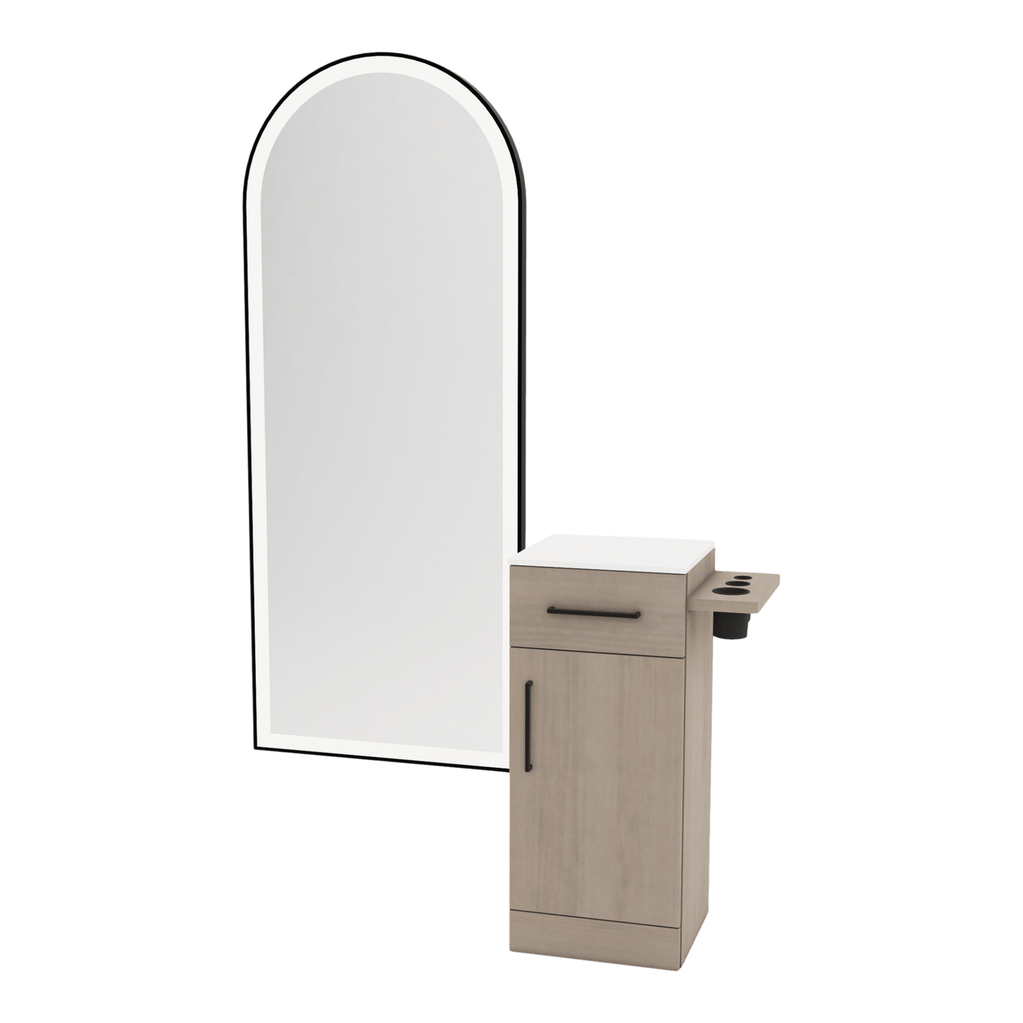 Nova Tower Free Standing Styling Station with Side-Mount Appliance Holder, Solid Surface Countertop, and Black Full-Length Arch Paloma Mirror - Kaemark