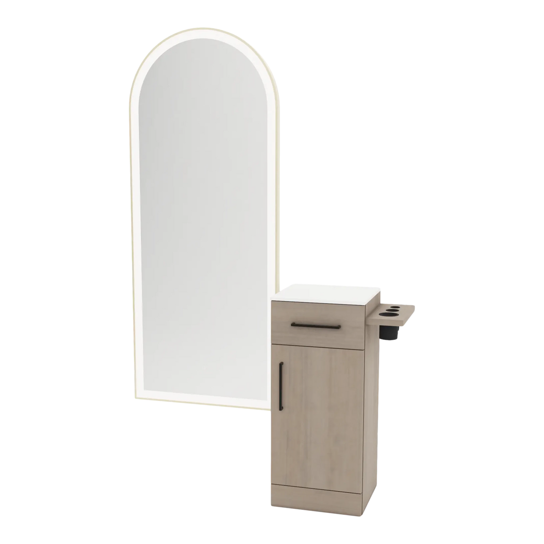 Nova Tower Free Standing Styling Station with Side-Mount Appliance Holder, Solid Surface Countertop, and Gold Full-Length Arch Paloma Mirror - Kaemark