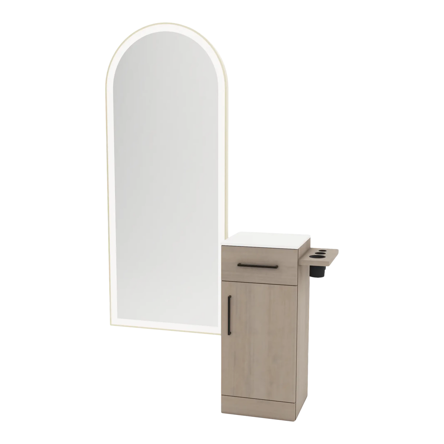 Nova Tower Free Standing Styling Station with Side-Mount Appliance Holder, Solid Surface Countertop, and Gold Full-Length Arch Paloma Mirror - Kaemark
