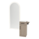 Nova Tower Free Standing Styling Station with Side-Mount Appliance Holder, Solid Surface Countertop, and Gold Full-Length Arch Paloma Mirror - Kaemark