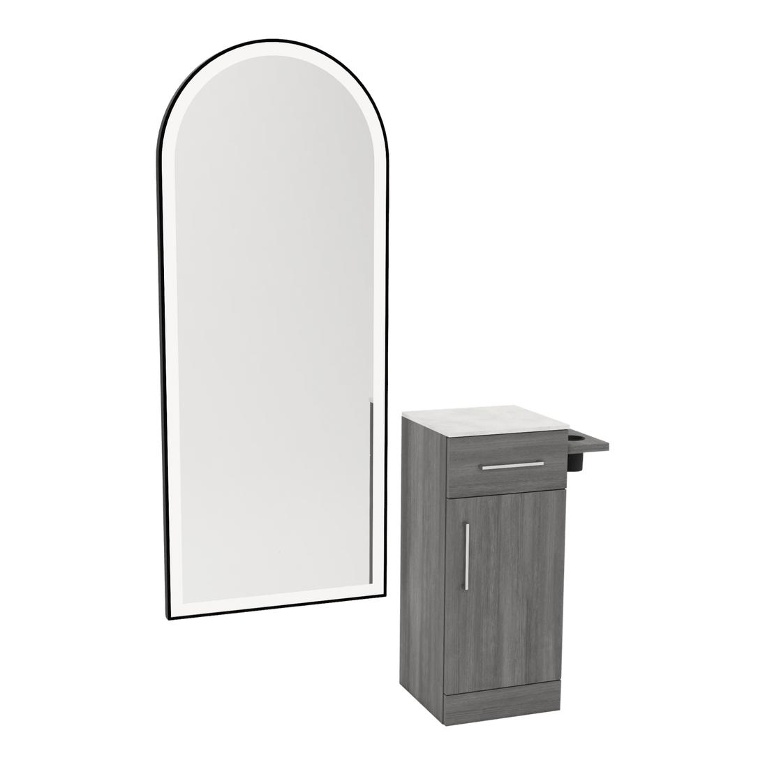 Nova Tower Free Standing Styling Station with Side-Mount Appliance Holder, Solid Surface Countertop, and Black Full-Length Arch Paloma Mirror - Kaemark