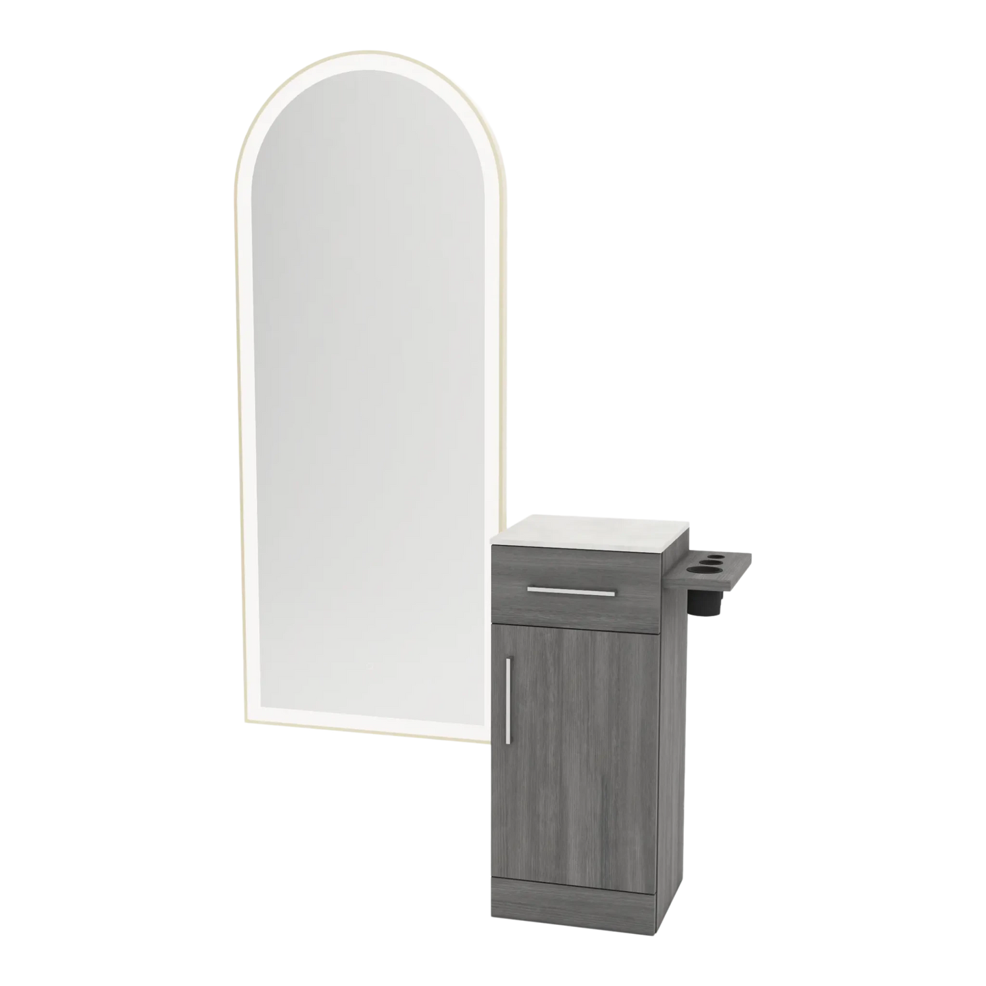 Nova Tower Free Standing Styling Station with Side-Mount Appliance Holder, Solid Surface Countertop, and Gold Full-Length Arch Paloma Mirror - Kaemark