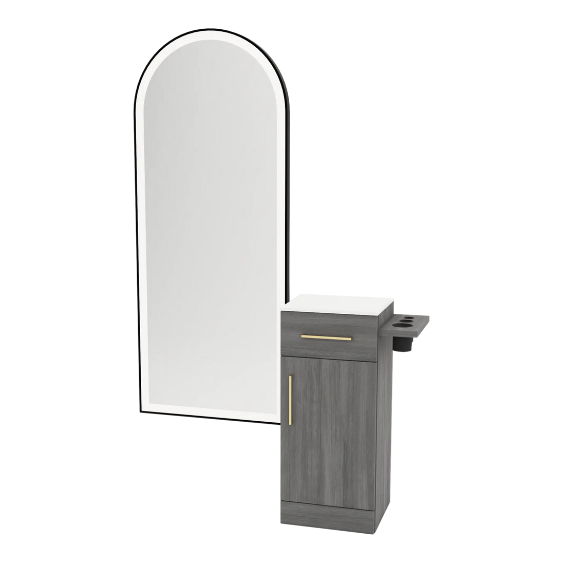 Nova Tower Free Standing Styling Station with Side-Mount Appliance Holder, Solid Surface Countertop, and Black Full-Length Arch Paloma Mirror - Kaemark