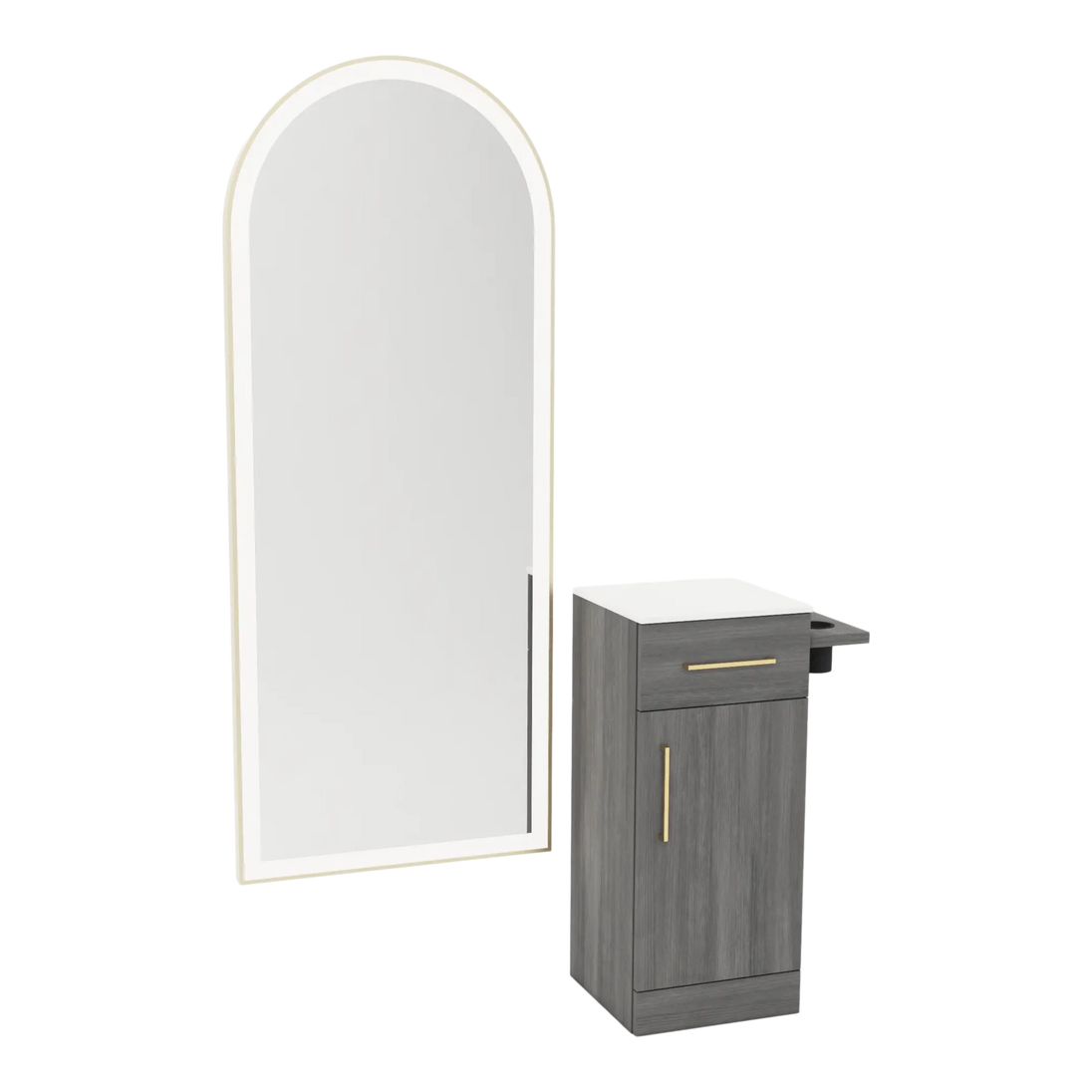 Nova Tower Free Standing Styling Station with Side-Mount Appliance Holder, Solid Surface Countertop, and Gold Full-Length Arch Paloma Mirror - Kaemark