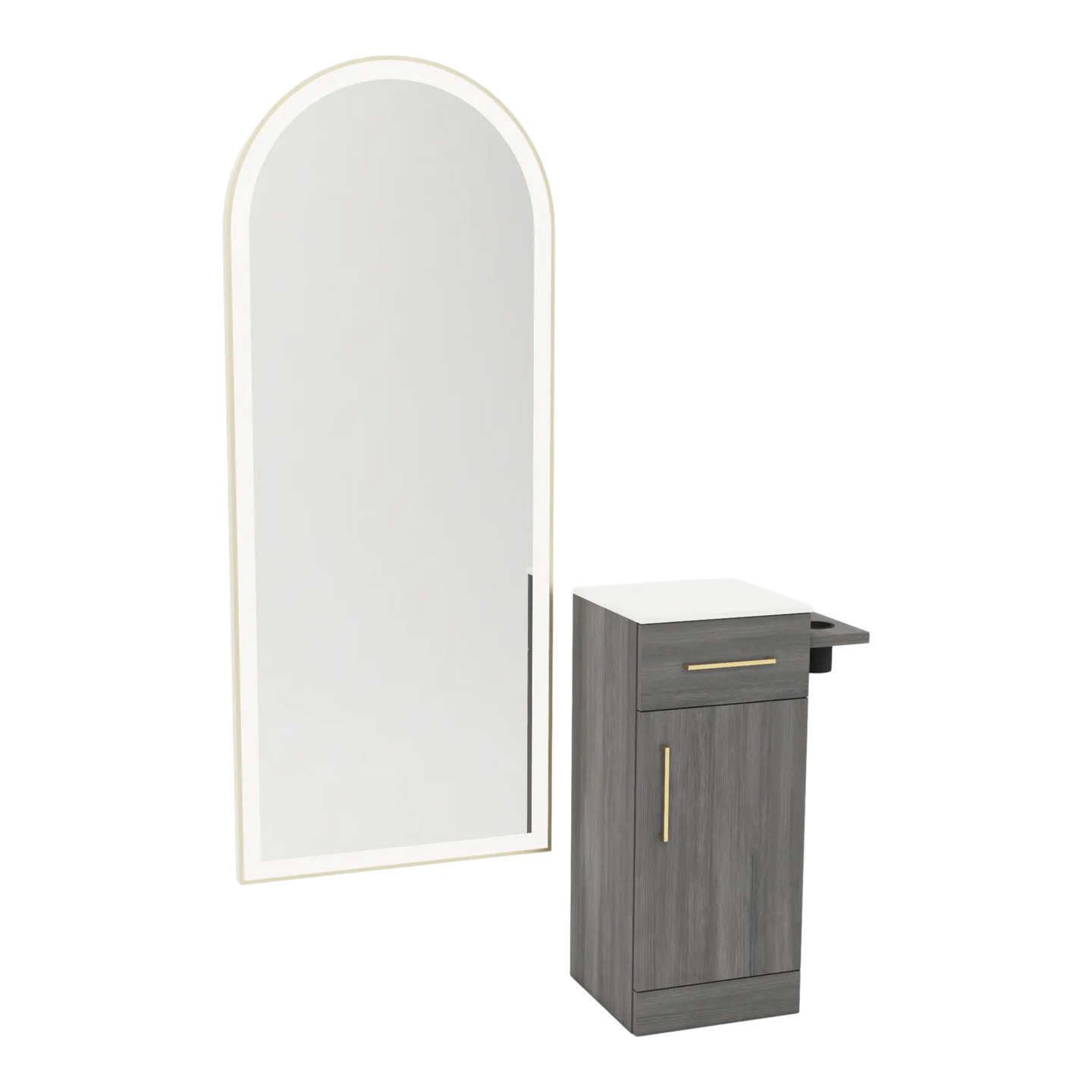 Nova Tower Free Standing Styling Station with Side-Mount Appliance Holder, Solid Surface Countertop, and Gold Full-Length Arch Paloma Mirror - Kaemark