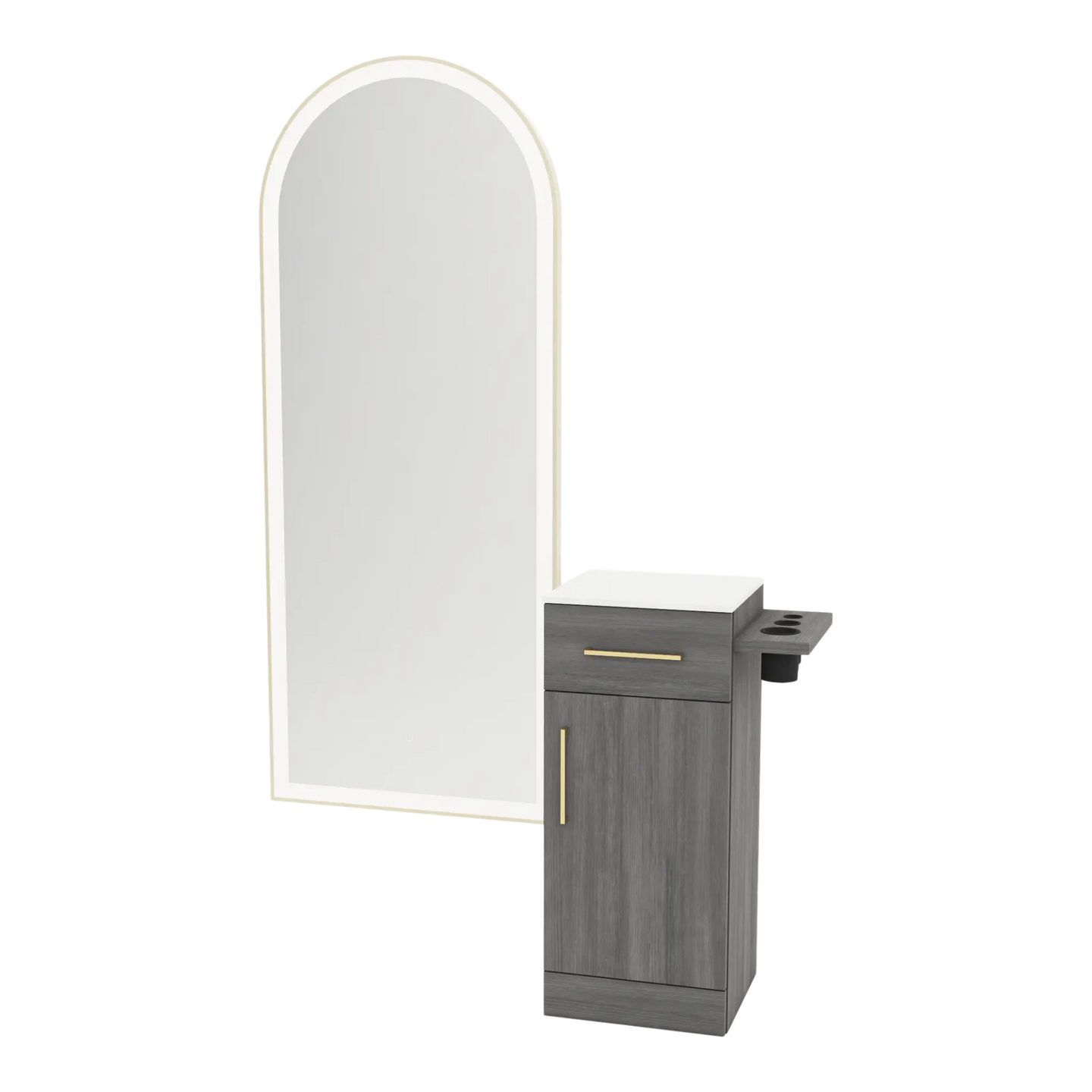 Nova Tower Free Standing Styling Station with Side-Mount Appliance Holder, Solid Surface Countertop, and Gold Full-Length Arch Paloma Mirror - Kaemark