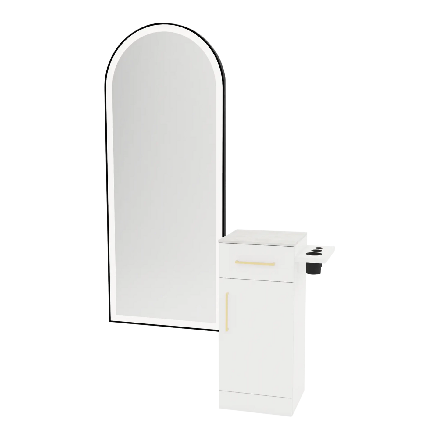 Nova Tower Free Standing Styling Station with Side-Mount Appliance Holder, Solid Surface Countertop, and Black Full-Length Arch Paloma Mirror - Kaemark