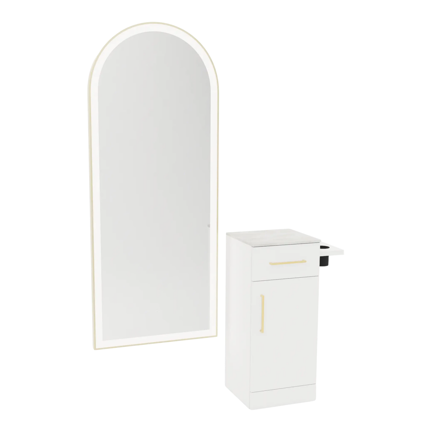 Nova Tower Free Standing Styling Station with Side-Mount Appliance Holder, Solid Surface Countertop, and Gold Full-Length Arch Paloma Mirror - Kaemark