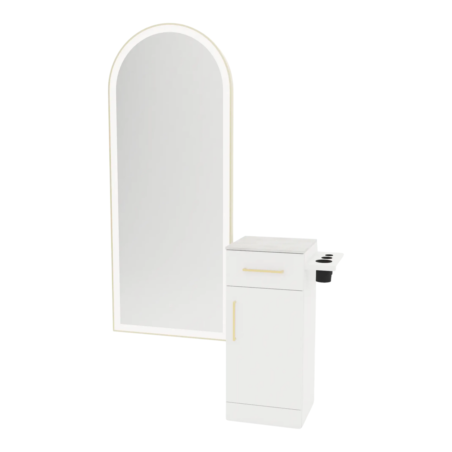 Nova Tower Free Standing Styling Station with Side-Mount Appliance Holder, Solid Surface Countertop, and Gold Full-Length Arch Paloma Mirror - Kaemark