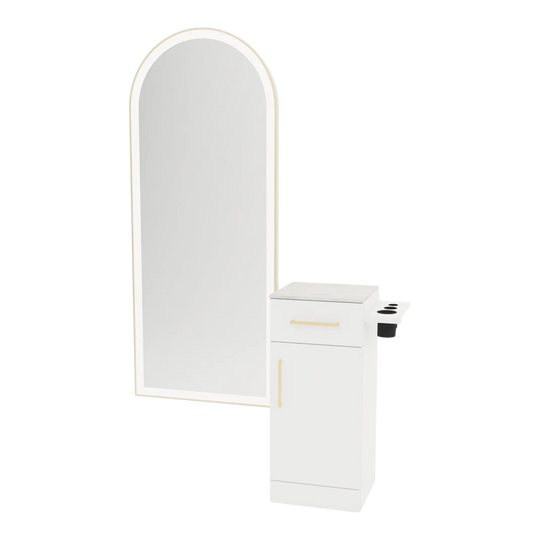 Nova Tower Free Standing Styling Station with Side-Mount Appliance Holder, Solid Surface Countertop, and Gold Full-Length Arch Paloma Mirror - Kaemark