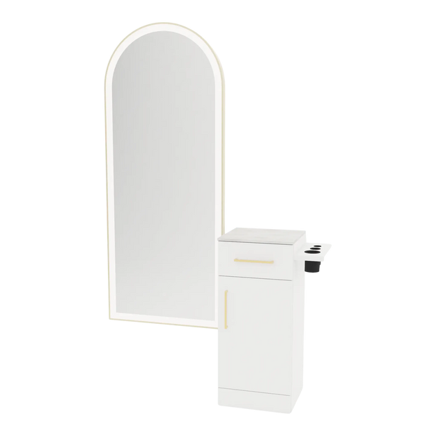 Nova Tower Free Standing Styling Station with Side-Mount Appliance Holder, Solid Surface Countertop, and Gold Full-Length Arch Paloma Mirror - Kaemark