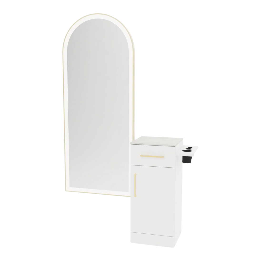 Nova Tower Free Standing Styling Station with Side-Mount Appliance Holder, Solid Surface Countertop, and Gold Full-Length Arch Paloma Mirror - Kaemark