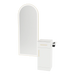 Nova Tower Free Standing Styling Station with Side-Mount Appliance Holder, Solid Surface Countertop, and Gold Full-Length Arch Paloma Mirror - Kaemark