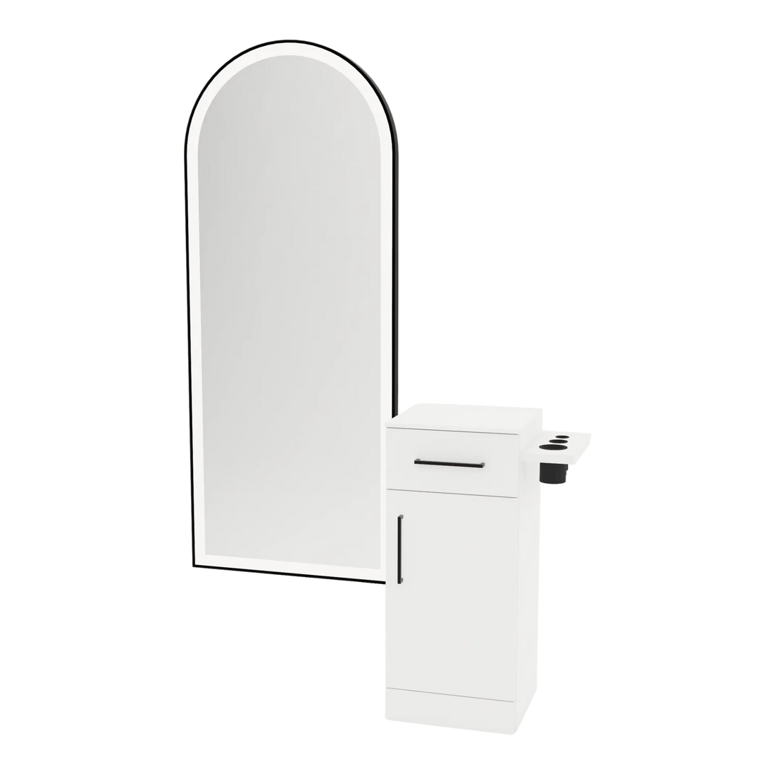 Nova Tower Free Standing Styling Station with Side-Mount Appliance Holder, Solid Surface Countertop, and Black Full-Length Arch Paloma Mirror - Kaemark