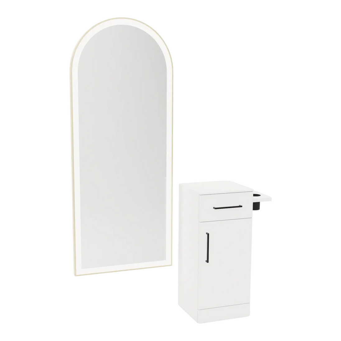 Nova Tower Free Standing Styling Station with Side-Mount Appliance Holder, Solid Surface Countertop, and Gold Full-Length Arch Paloma Mirror - Kaemark