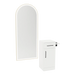Nova Tower Free Standing Styling Station with Side-Mount Appliance Holder, Solid Surface Countertop, and Gold Full-Length Arch Paloma Mirror - Kaemark
