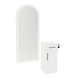 Nova Tower Free Standing Styling Station with Side-Mount Appliance Holder, Solid Surface Countertop, and Gold Full-Length Arch Paloma Mirror - Kaemark