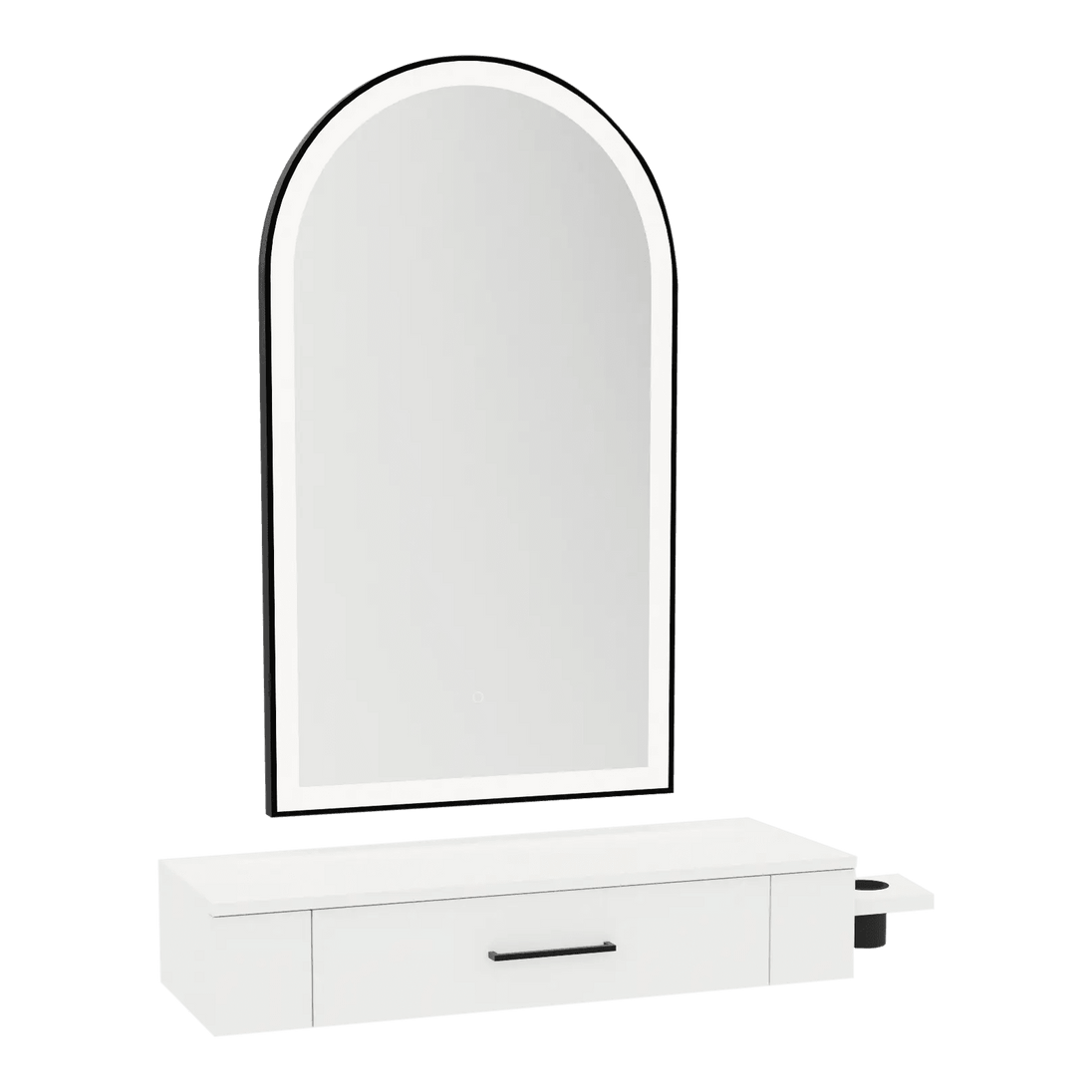 Nova Wall Mount Styling Station with Side-Mount Appliance Holder and Black Paloma Arch Mirror - Kaemark