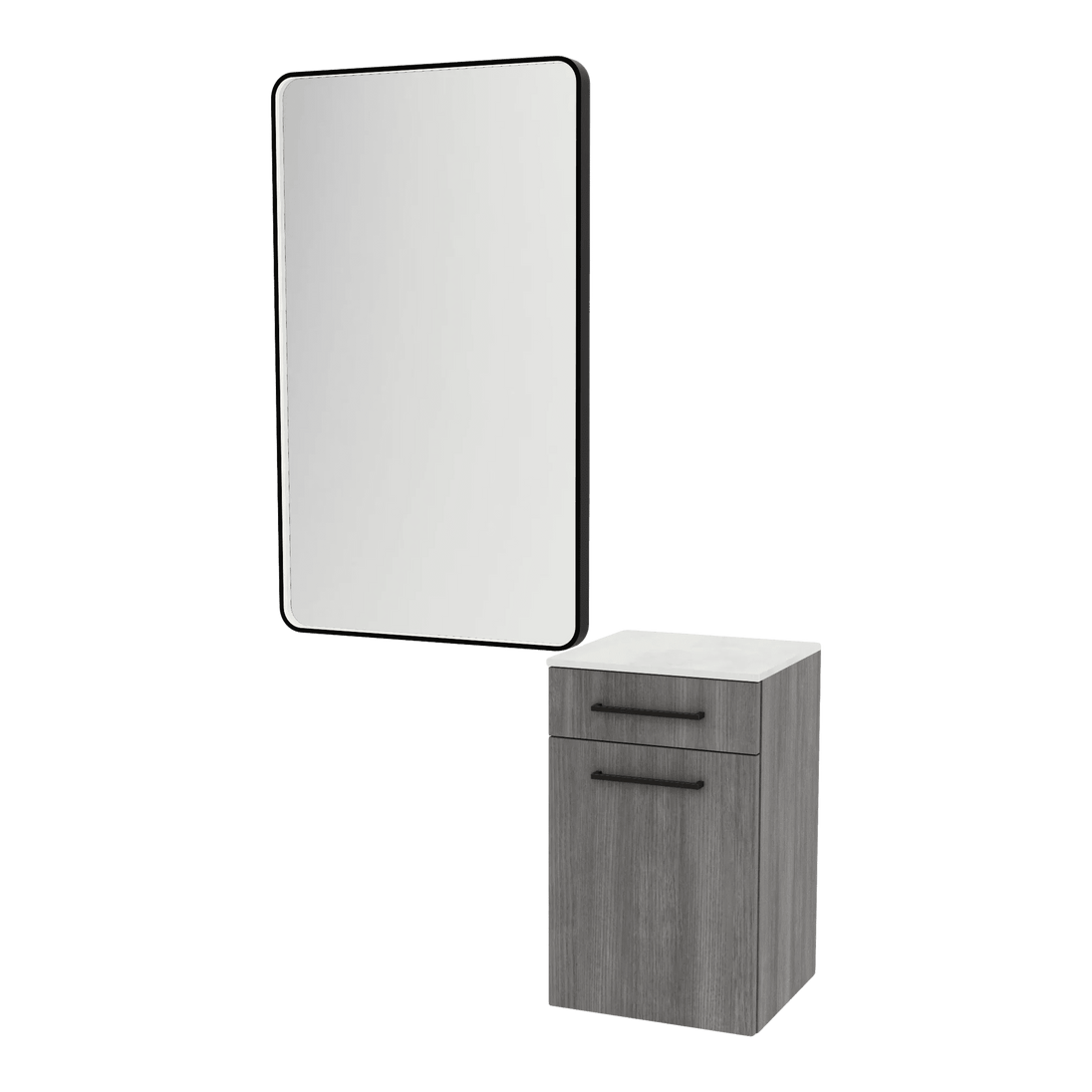 Glo Laminate Wall Mount Styling Station with Solid Surface Countertop, Tilt-Out Appliance Holder, and Westin Rectangle Mirror - Kaemark