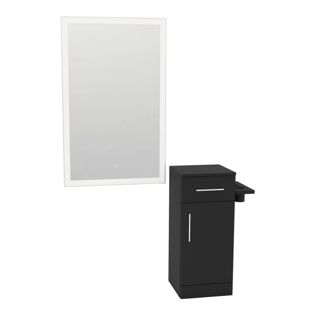 Nova Tower Free Standing Styling Station with Side-Mount Appliance Holder and Silver Rectangle Glo Mirror - Kaemark