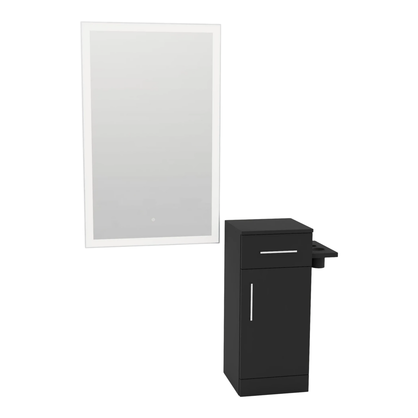 Nova Tower Free Standing Styling Station with Side-Mount Appliance Holder and Silver Rectangle Glo Mirror - Kaemark