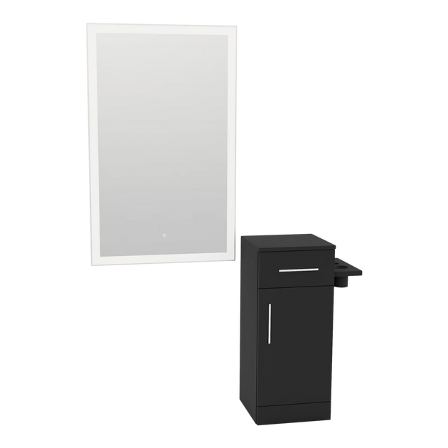 Nova Tower Free Standing Styling Station with Side-Mount Appliance Holder and Silver Rectangle Glo Mirror - Kaemark