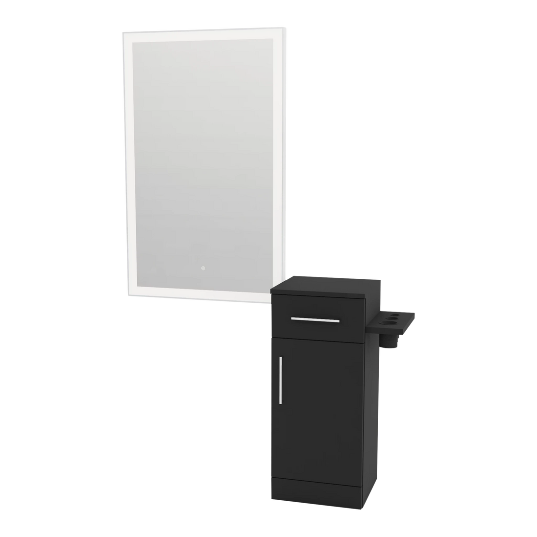 Nova Tower Free Standing Styling Station with Side-Mount Appliance Holder and Silver Rectangle Glo Mirror - Kaemark