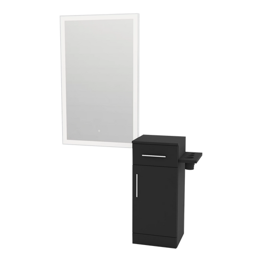 Nova Tower Free Standing Styling Station with Side-Mount Appliance Holder and Silver Rectangle Glo Mirror - Kaemark